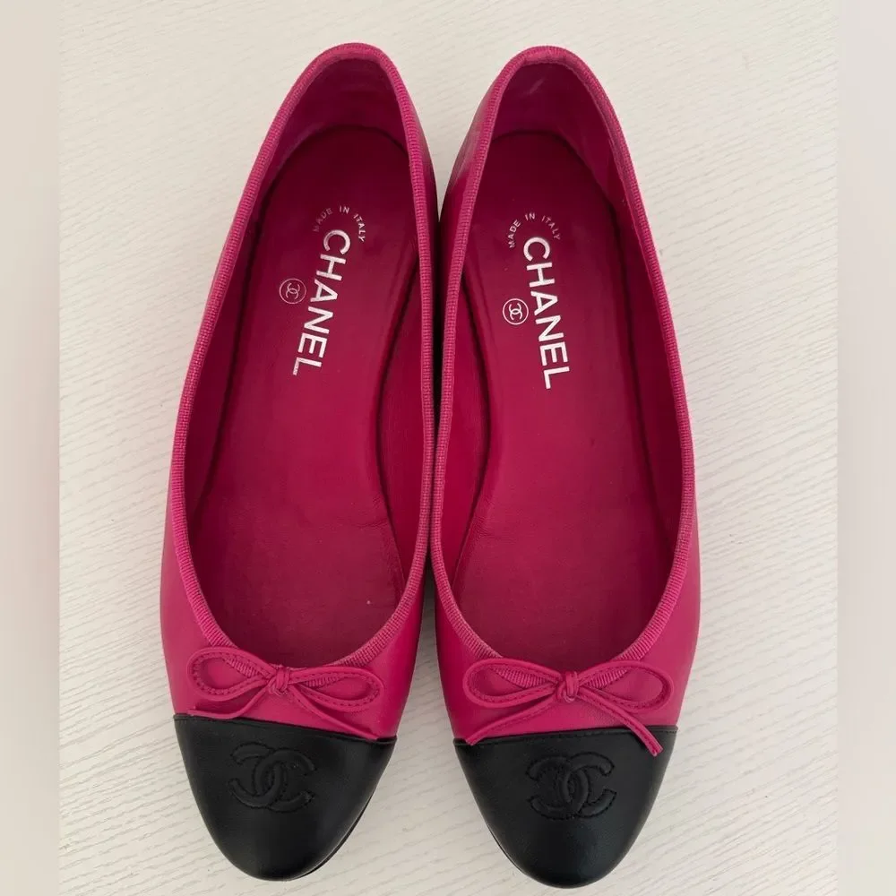 CHANEL | Shoes | Chanel Hot Pink Black Leather Cc Bow Ballet Flats Size 45  Authentic Shoes | Poshmark